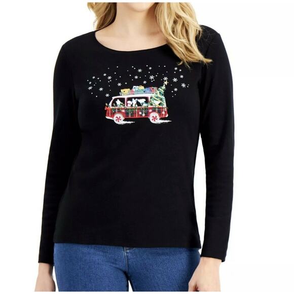 Karen Scott Medium Top Holiday Van w/ Dogs Festive Christmas Long Sleeve Stretch - Picture 2 of 9